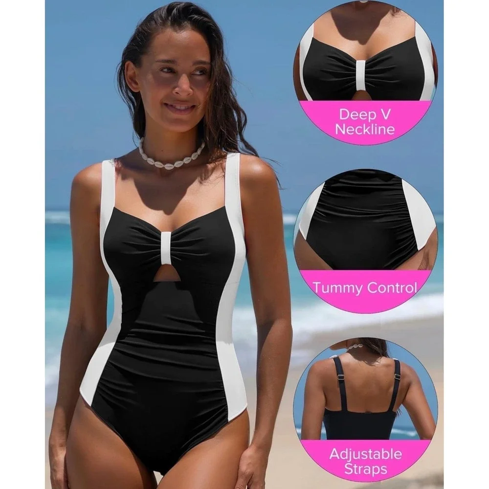 NWT Popvil Women One Piece Tummy Control Black White Ruched‎ Waist Swimsuit XL